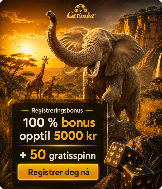 Casimba registreringsbonus med elefant, 100 % bonus opptil 5000 kr og 50 gratisspinn